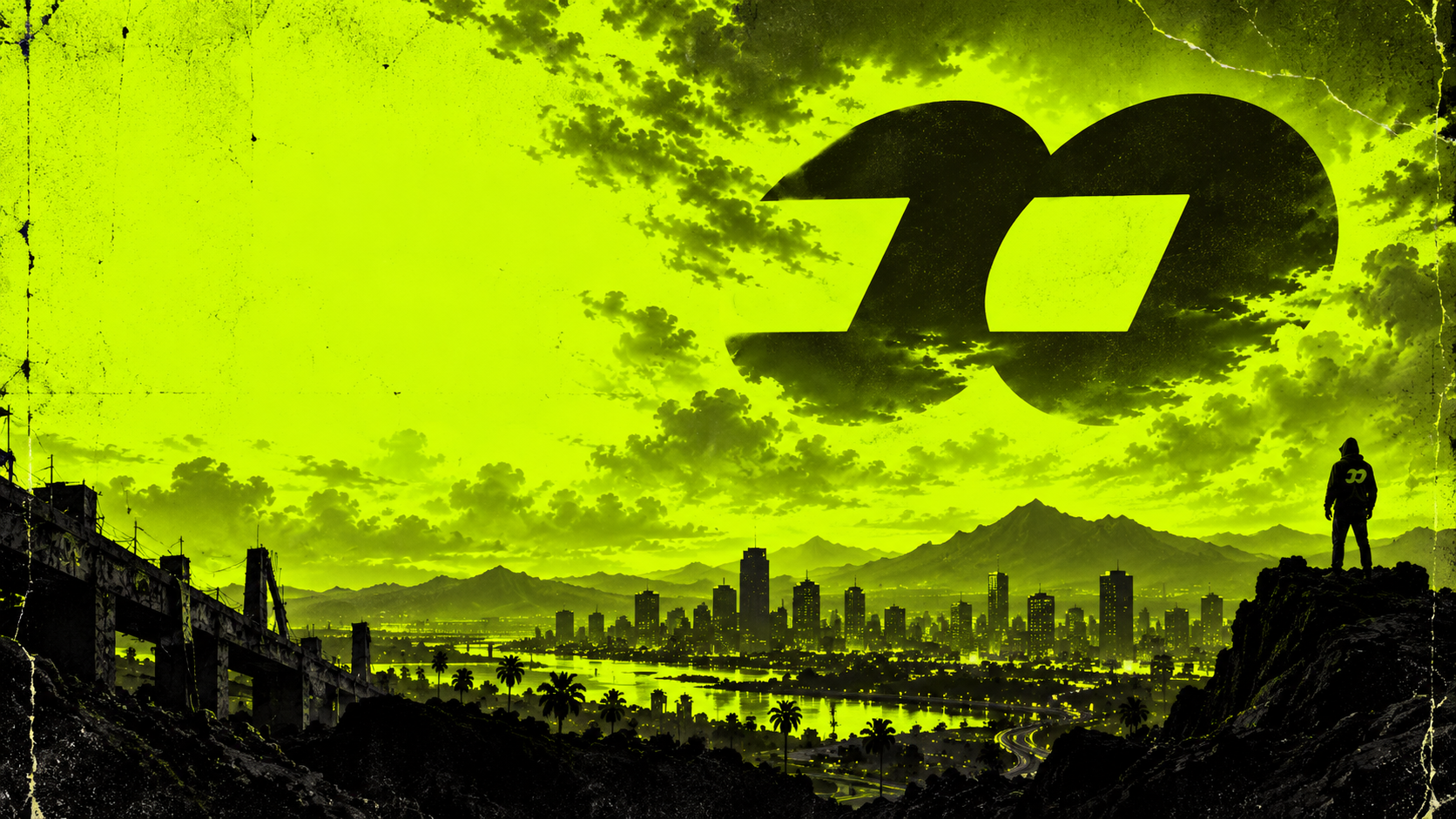 Acid-lime FOMO HOOD skyline propaganda artwork